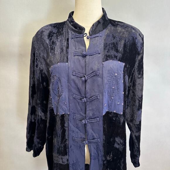 Lolette navy Rayon velour & jacquard mandarin collar tunic top size Large artsy - Picture 5 of 15